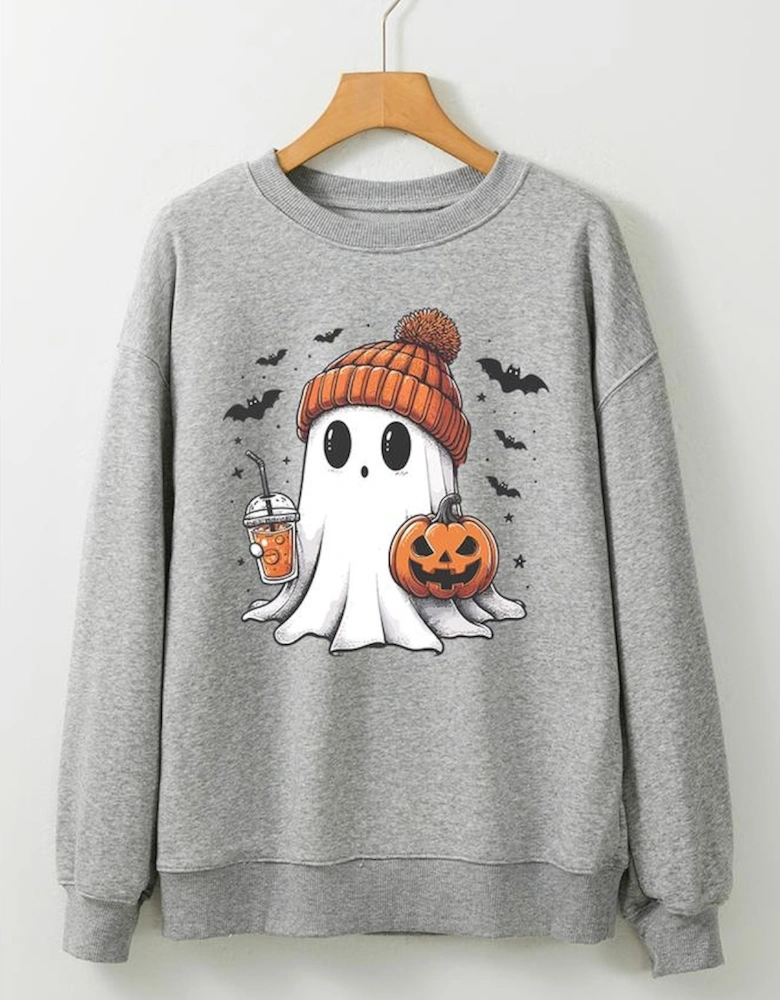 Gray Halloween Ghost Print Crewneck Drop Shoulder Sweatshirt