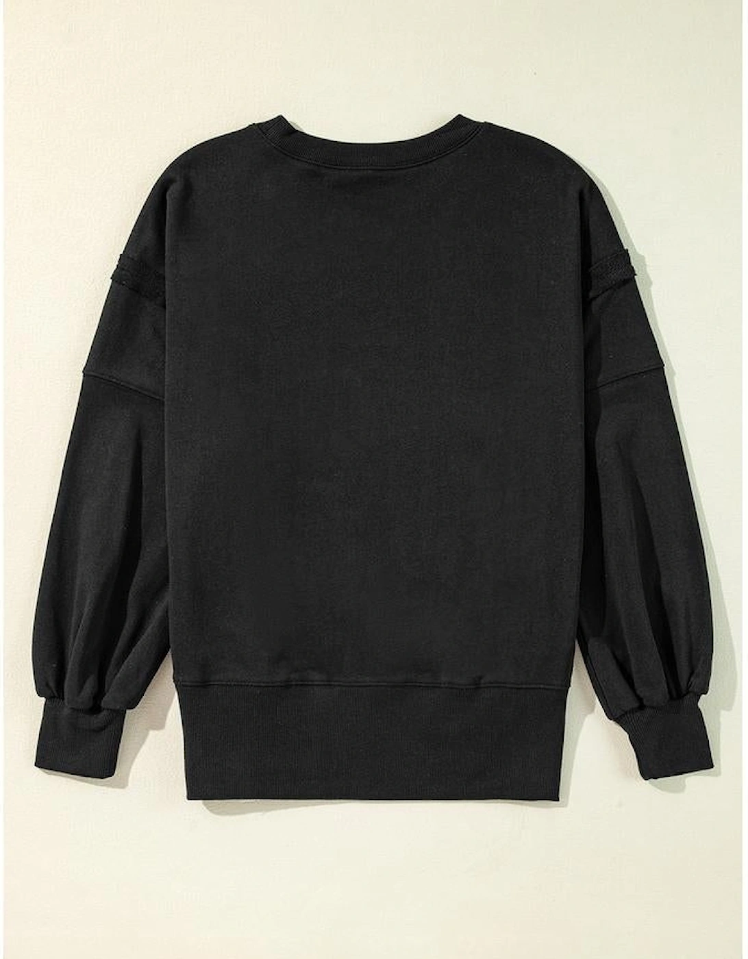 Black Exposed Seam Drop Shoulder Round Neck Sweatshirt with Slits