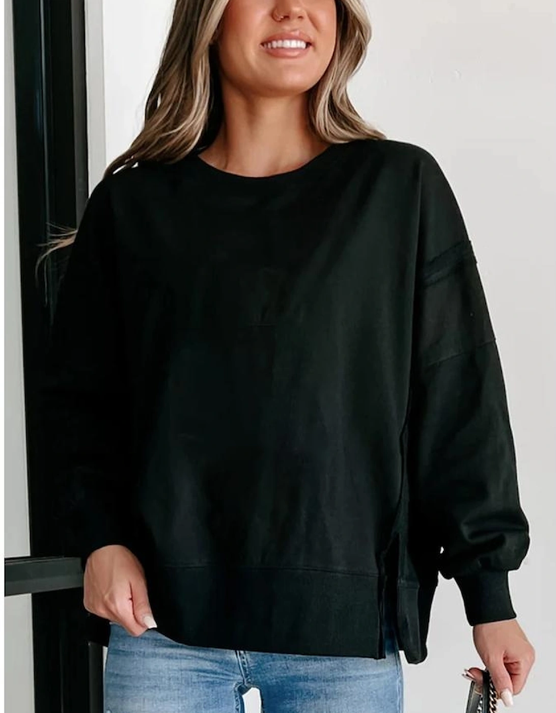 Black Exposed Seam Drop Shoulder Round Neck Sweatshirt with Slits