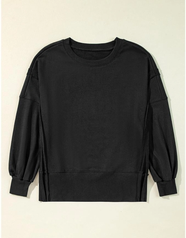 Black Exposed Seam Drop Shoulder Round Neck Sweatshirt with Slits