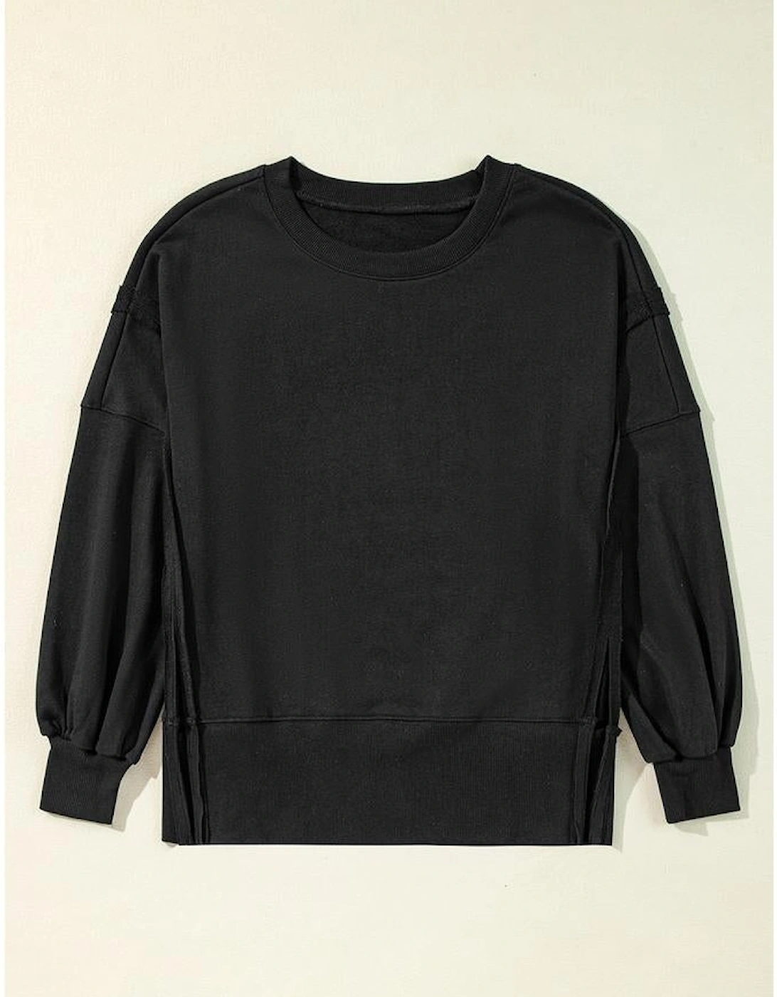 Black Exposed Seam Drop Shoulder Round Neck Sweatshirt with Slits