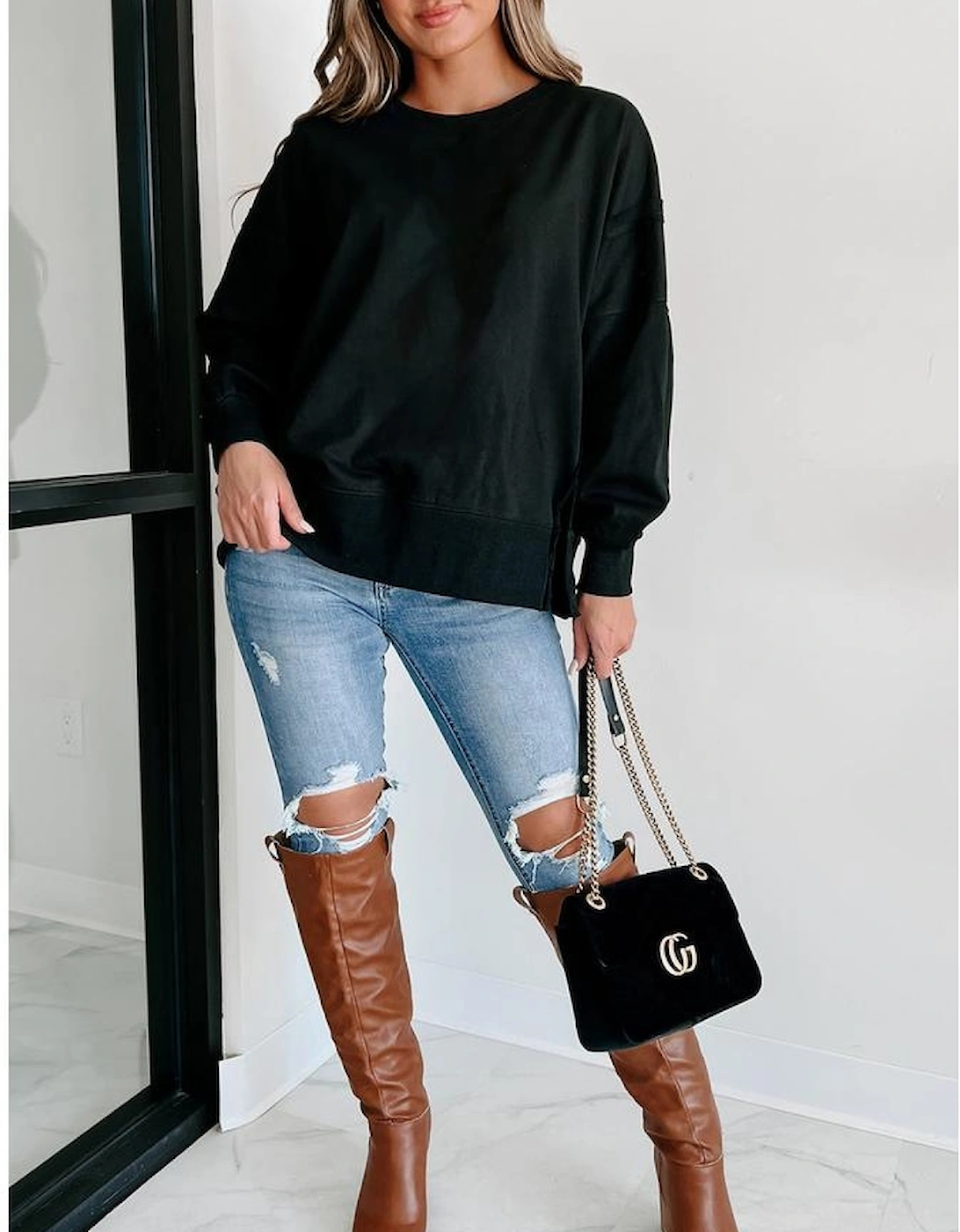 Black Exposed Seam Drop Shoulder Round Neck Sweatshirt with Slits