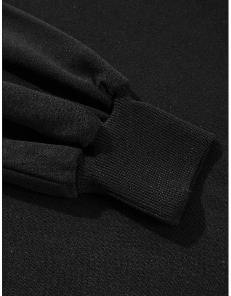 Black Exposed Seam Drop Shoulder Round Neck Sweatshirt with Slits