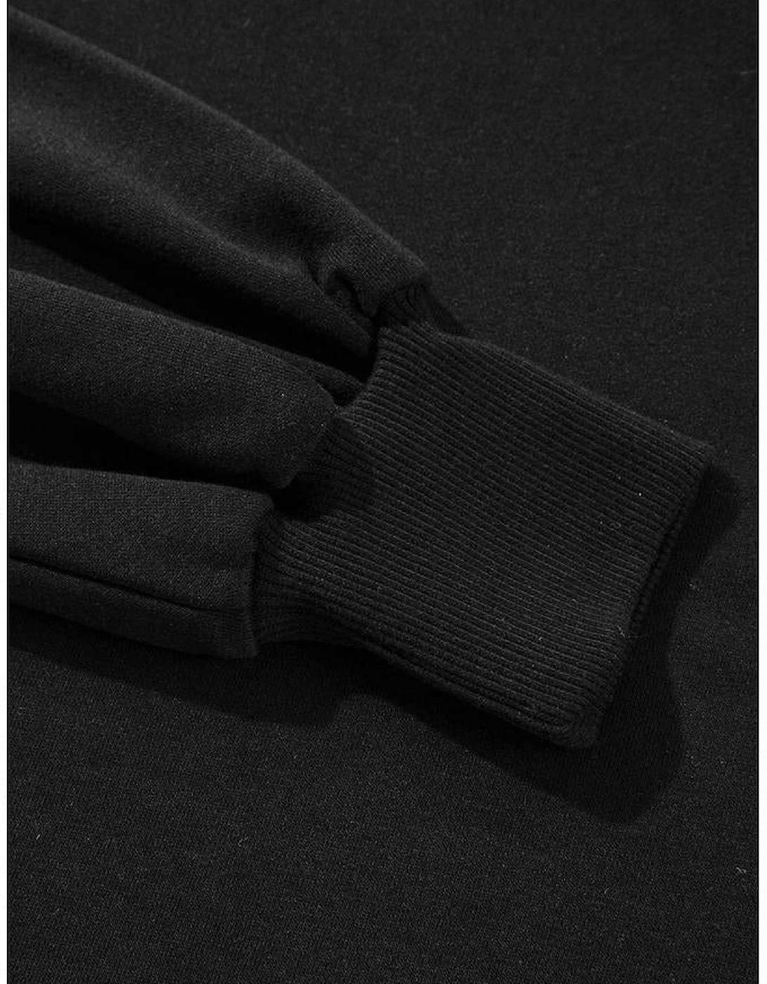 Black Exposed Seam Drop Shoulder Round Neck Sweatshirt with Slits