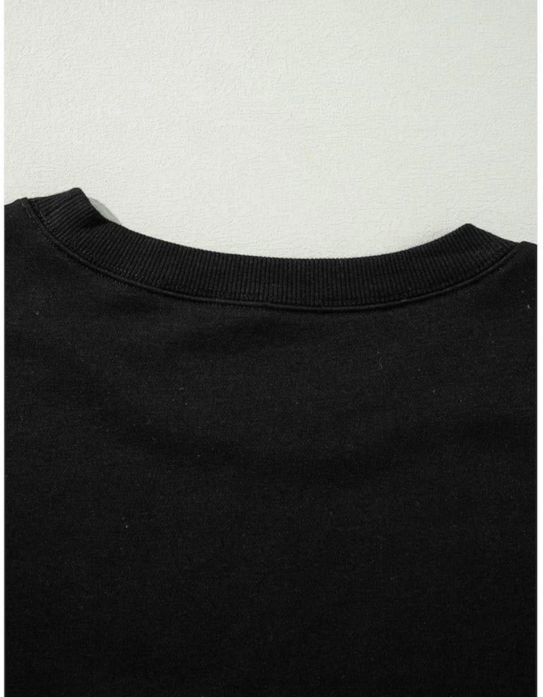 Black Exposed Seam Drop Shoulder Round Neck Sweatshirt with Slits