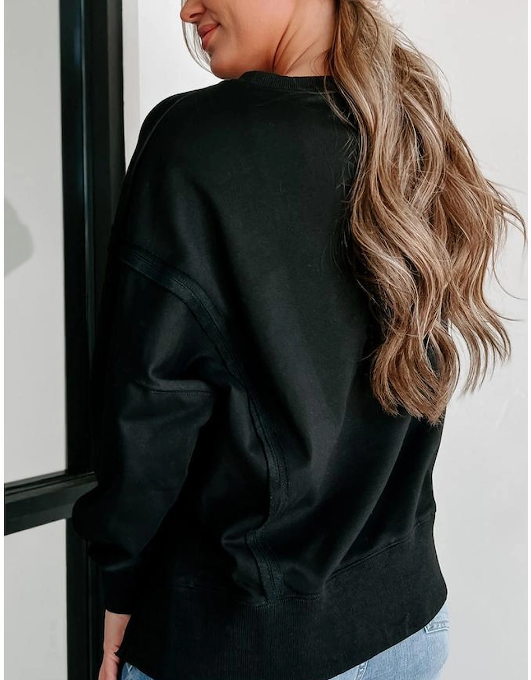 Black Exposed Seam Drop Shoulder Round Neck Sweatshirt with Slits