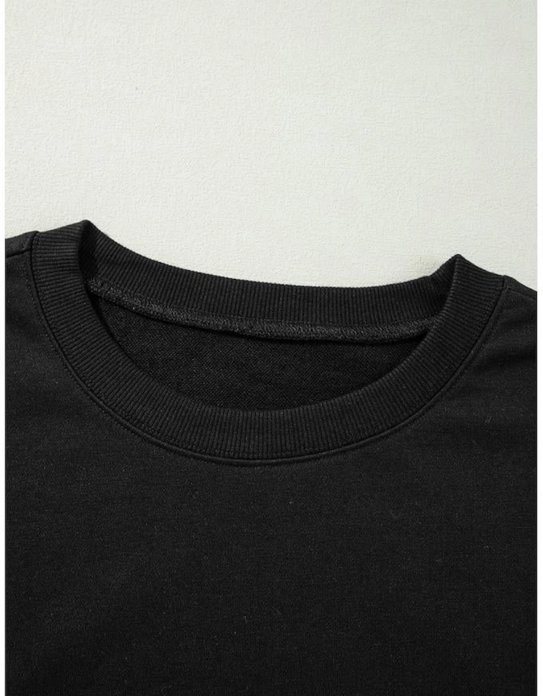 Black Exposed Seam Drop Shoulder Round Neck Sweatshirt with Slits