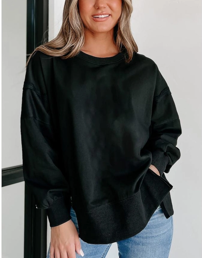 Black Exposed Seam Drop Shoulder Round Neck Sweatshirt with Slits