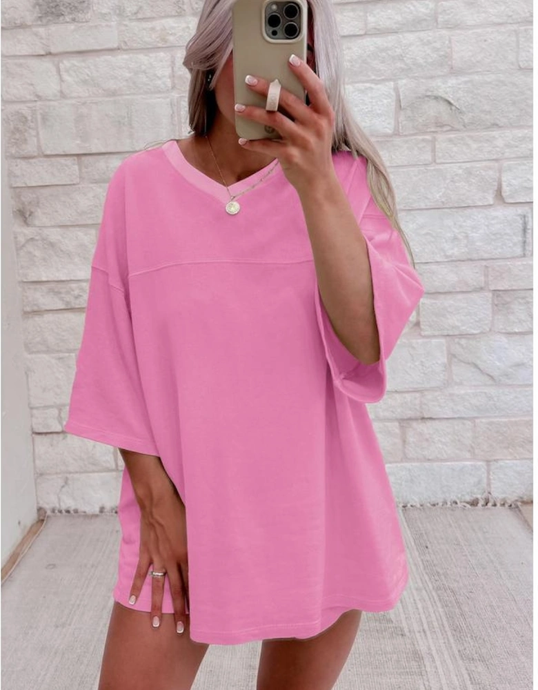 Bonbon Solid Loose V Neck Half Sleeve Tee and Shorts