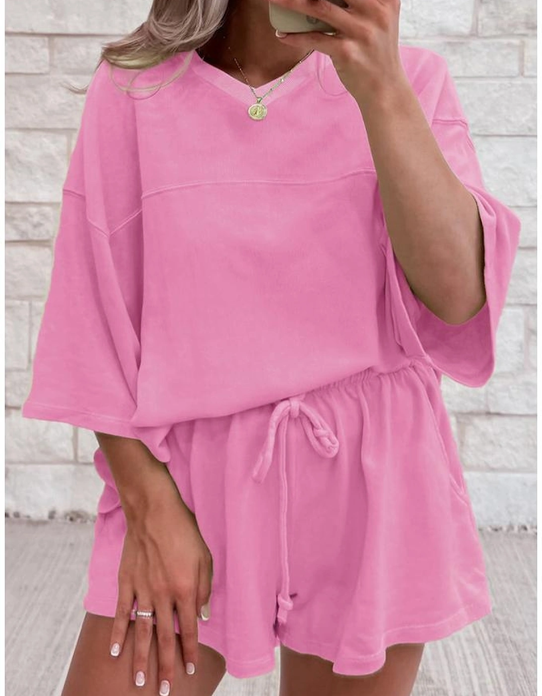 Bonbon Solid Loose V Neck Half Sleeve Tee and Shorts