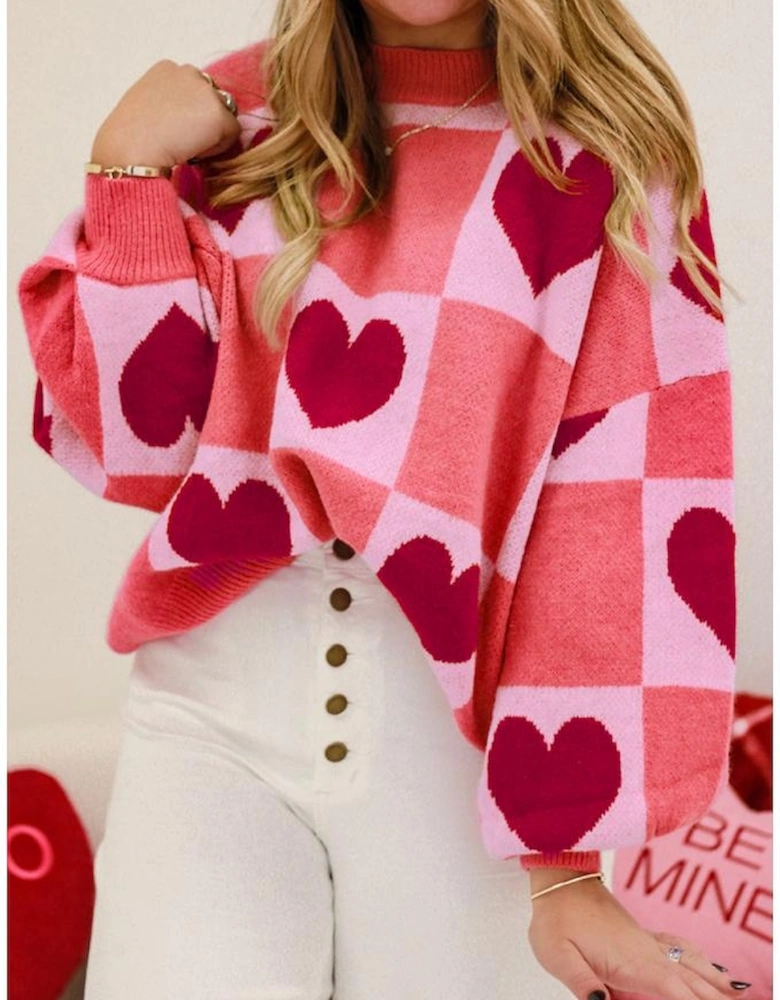 Pink Plus Size Love Heart Block Mock Neck Lantern Sleeve Valentine Sweater