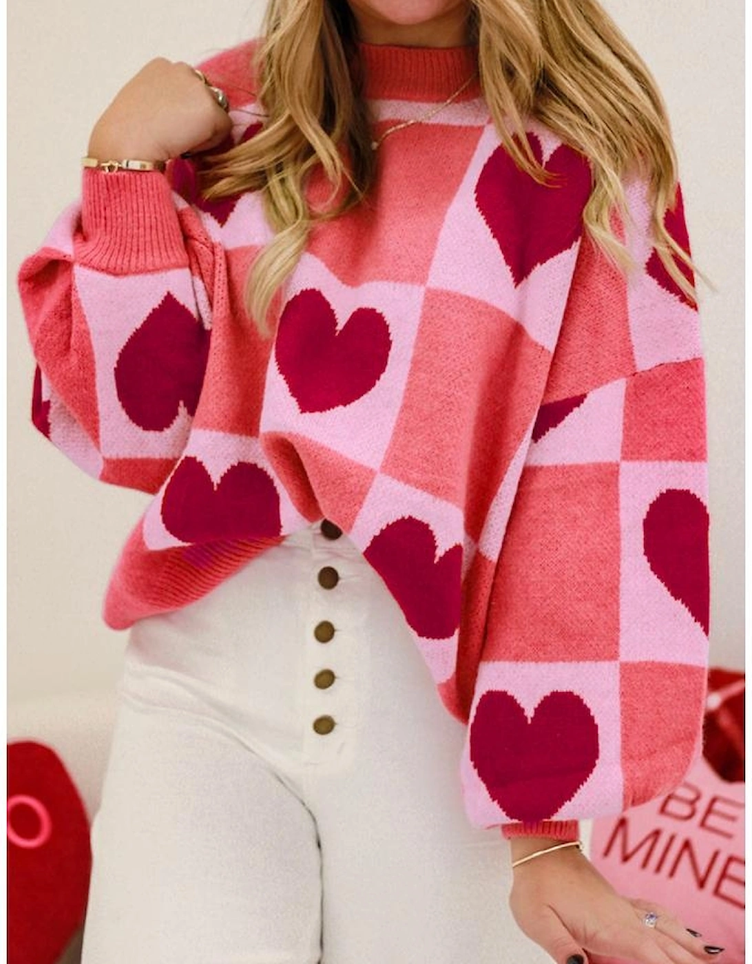 Pink Plus Size Love Heart Block Mock Neck Lantern Sleeve Valentine Sweater, 13 of 12