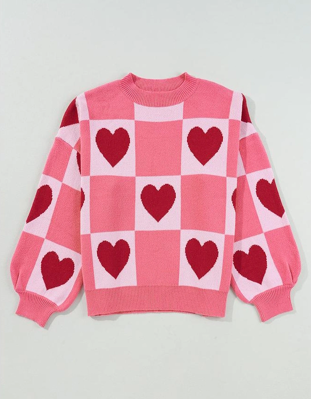 Pink Plus Size Love Heart Block Mock Neck Lantern Sleeve Valentine Sweater