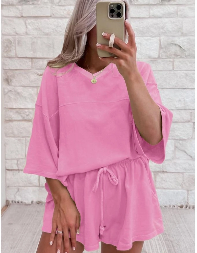 Bonbon Solid Loose V Neck Half Sleeve Tee and Shorts