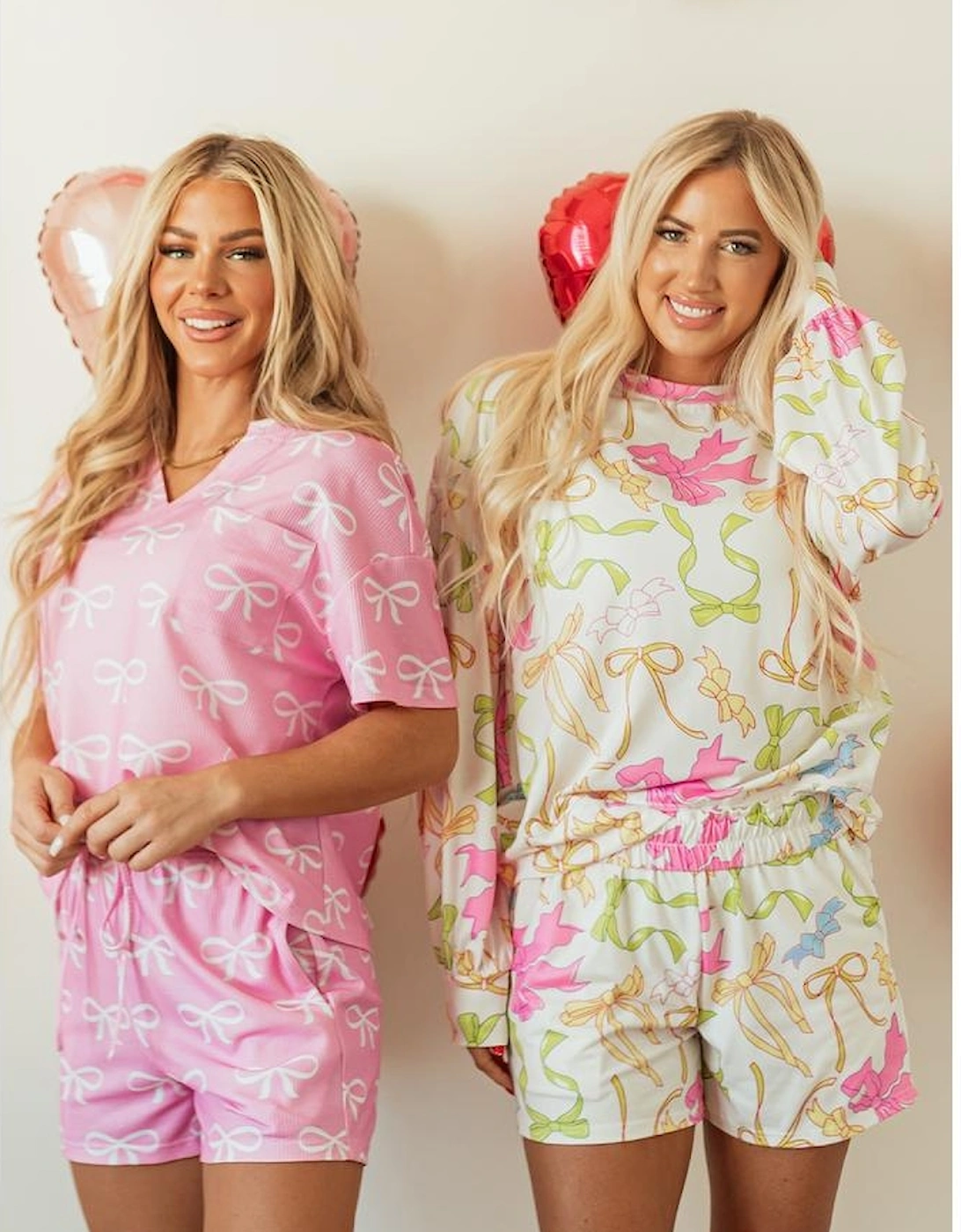 Pink Waffle Knit Bowknot Printed V Neck T Shirt and Shorts Set