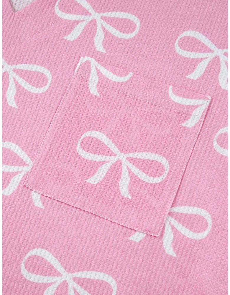 Pink Waffle Knit Bowknot Printed V Neck T Shirt and Shorts Set