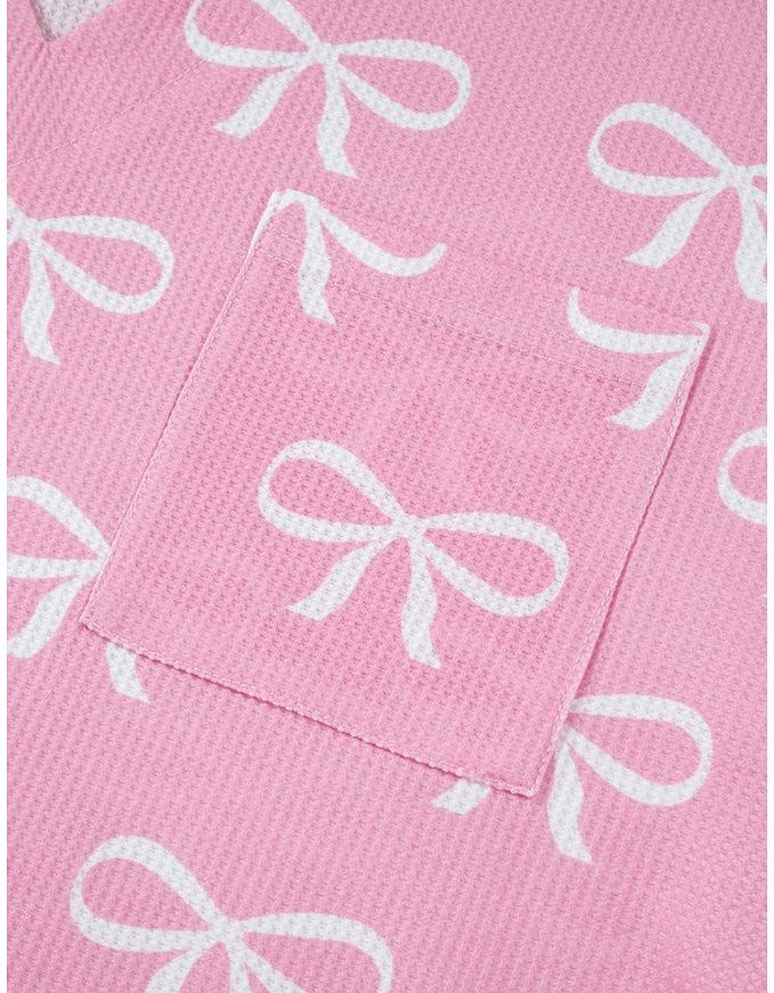 Pink Waffle Knit Bowknot Printed V Neck T Shirt and Shorts Set