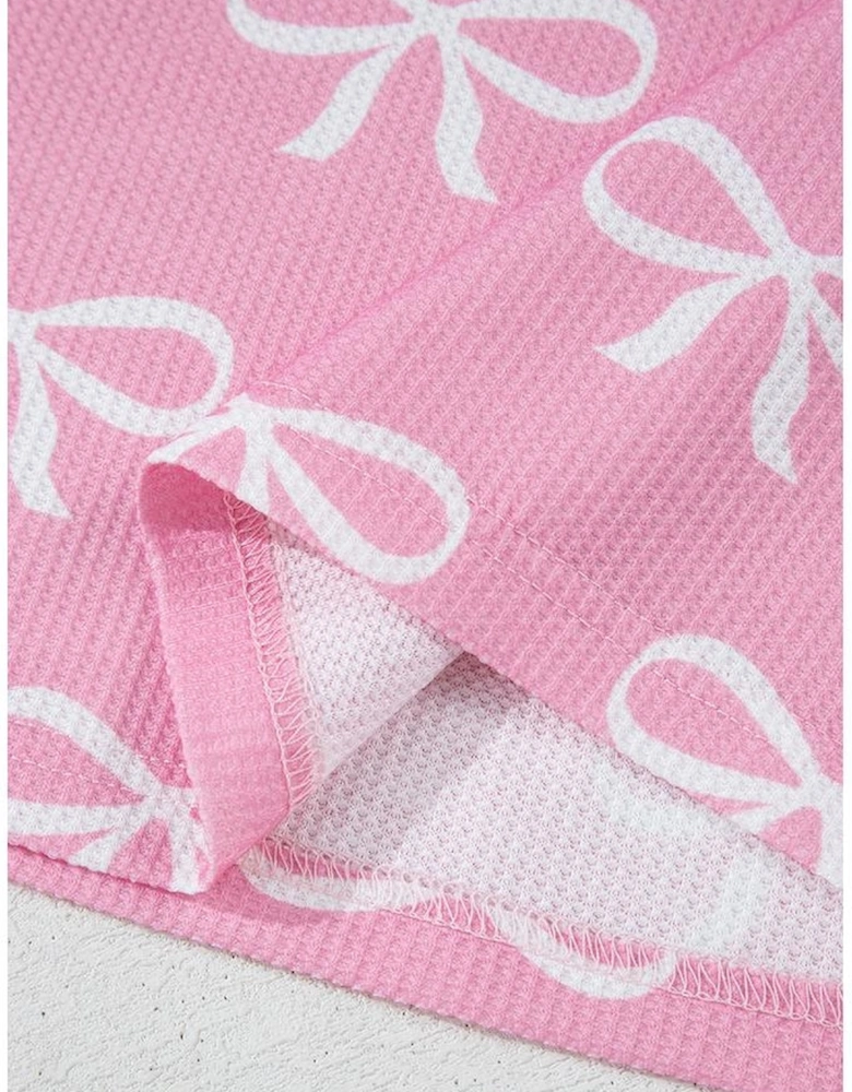 Pink Waffle Knit Bowknot Printed V Neck T Shirt and Shorts Set