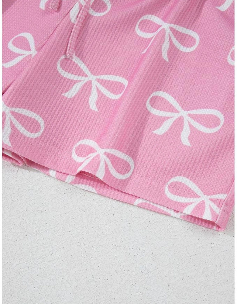 Pink Waffle Knit Bowknot Printed V Neck T Shirt and Shorts Set