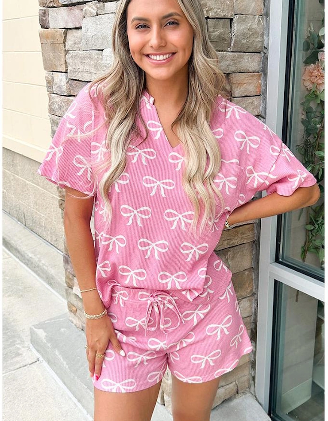 Pink Waffle Knit Bowknot Printed V Neck T Shirt and Shorts Set