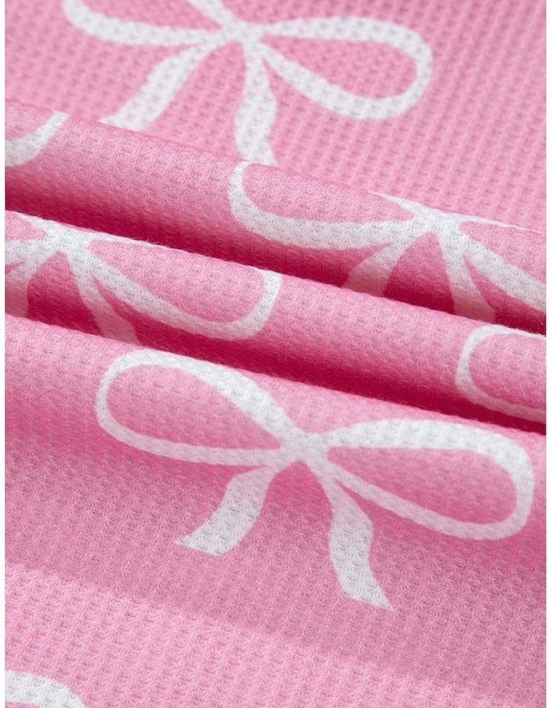 Pink Waffle Knit Bowknot Printed V Neck T Shirt and Shorts Set