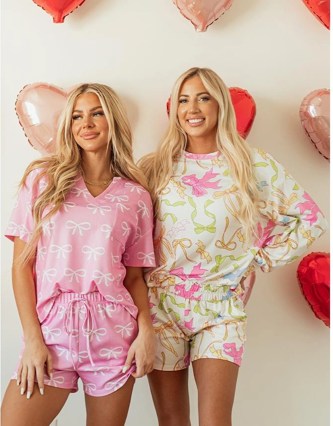 Pink Waffle Knit Bowknot Printed V Neck T Shirt and Shorts Set