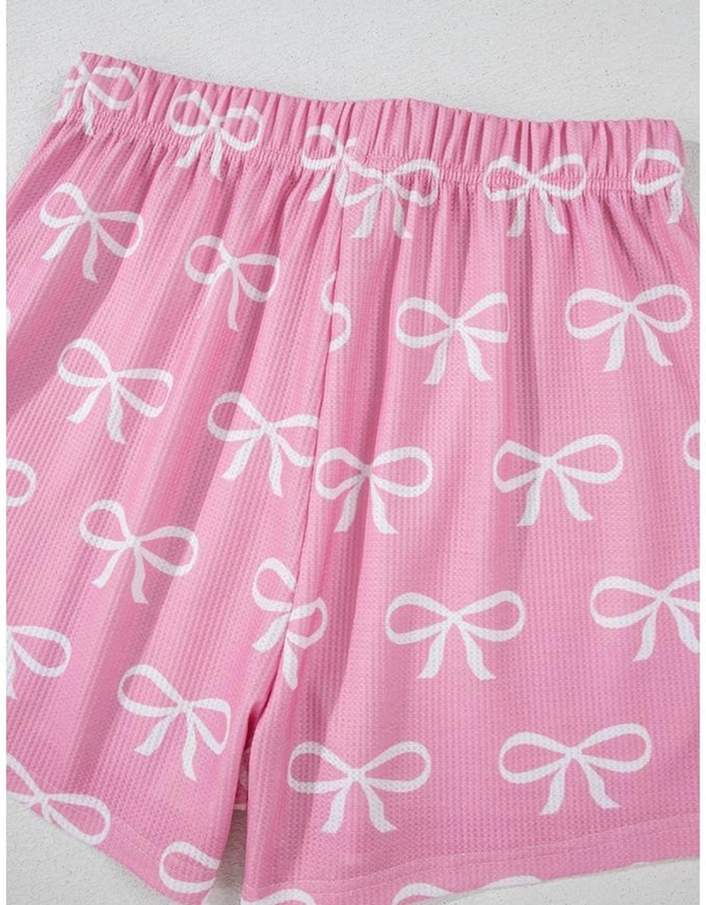 Pink Waffle Knit Bowknot Printed V Neck T Shirt and Shorts Set