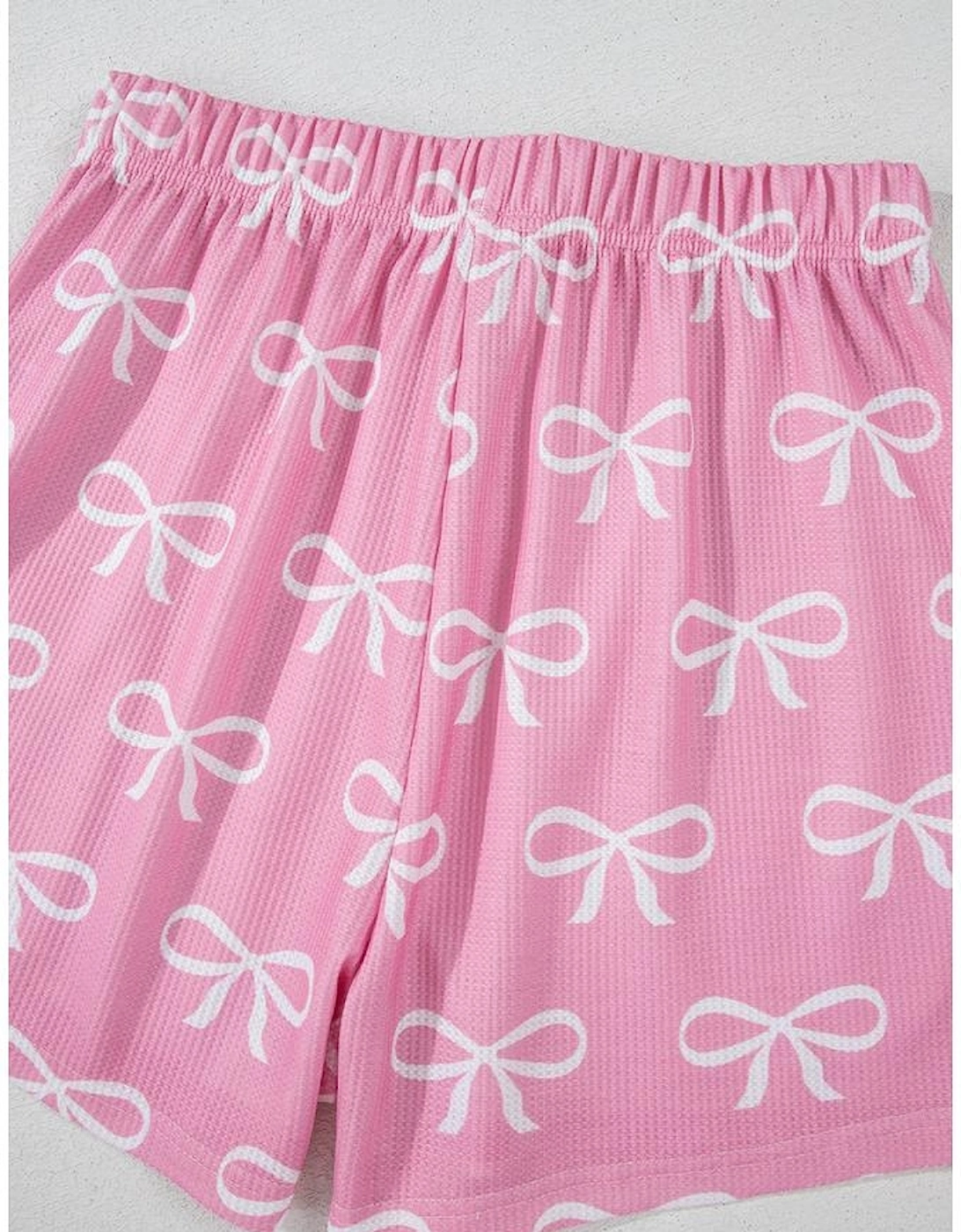 Pink Waffle Knit Bowknot Printed V Neck T Shirt and Shorts Set