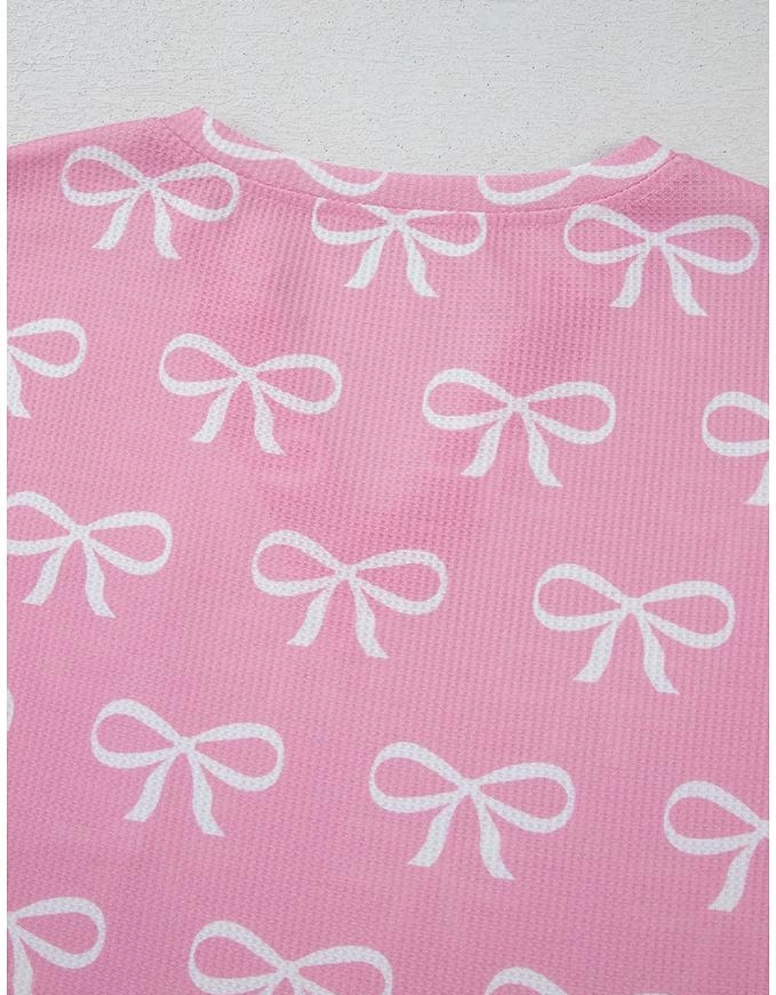 Pink Waffle Knit Bowknot Printed V Neck T Shirt and Shorts Set
