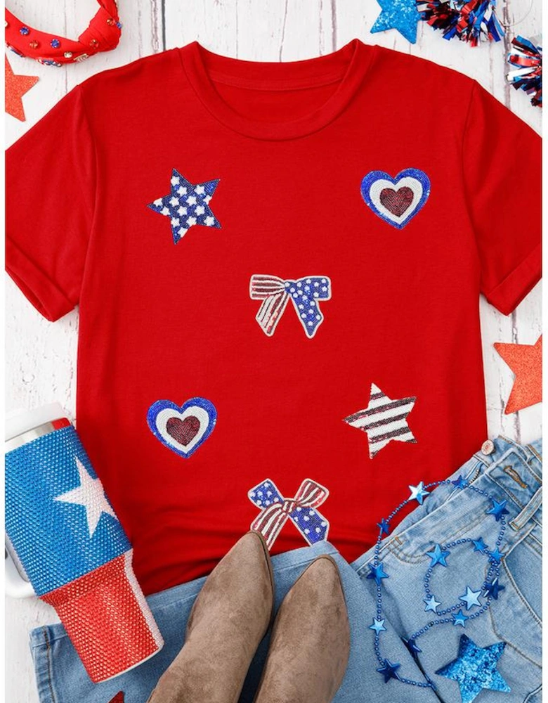 Red American Flag Inspired Sequined Pattern Crewneck Tee