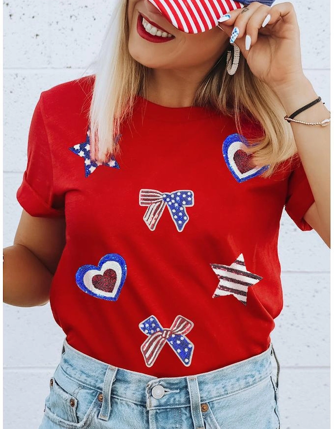 Red American Flag Inspired Sequined Pattern Crewneck Tee