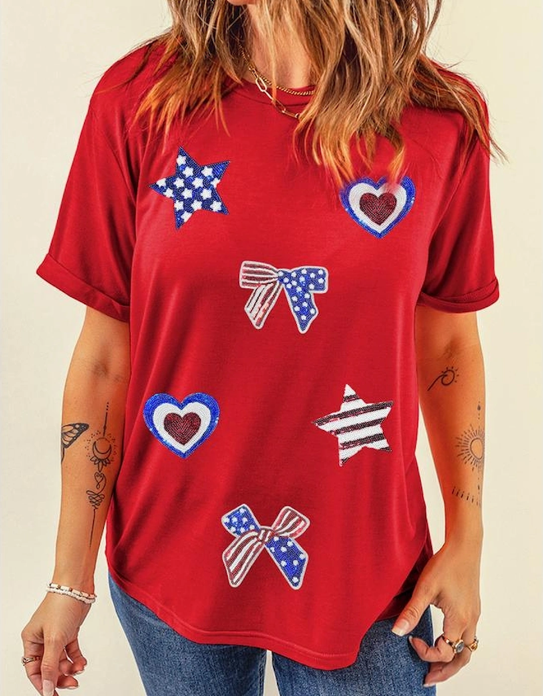 Red American Flag Inspired Sequined Pattern Crewneck Tee