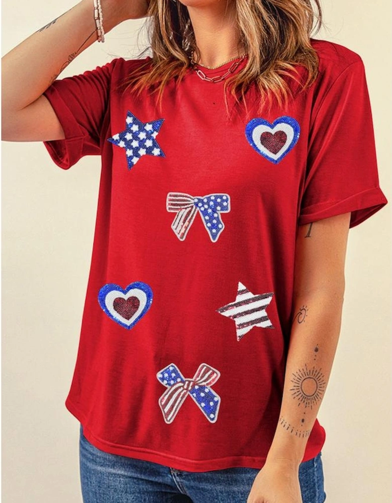 Red American Flag Inspired Sequined Pattern Crewneck Tee