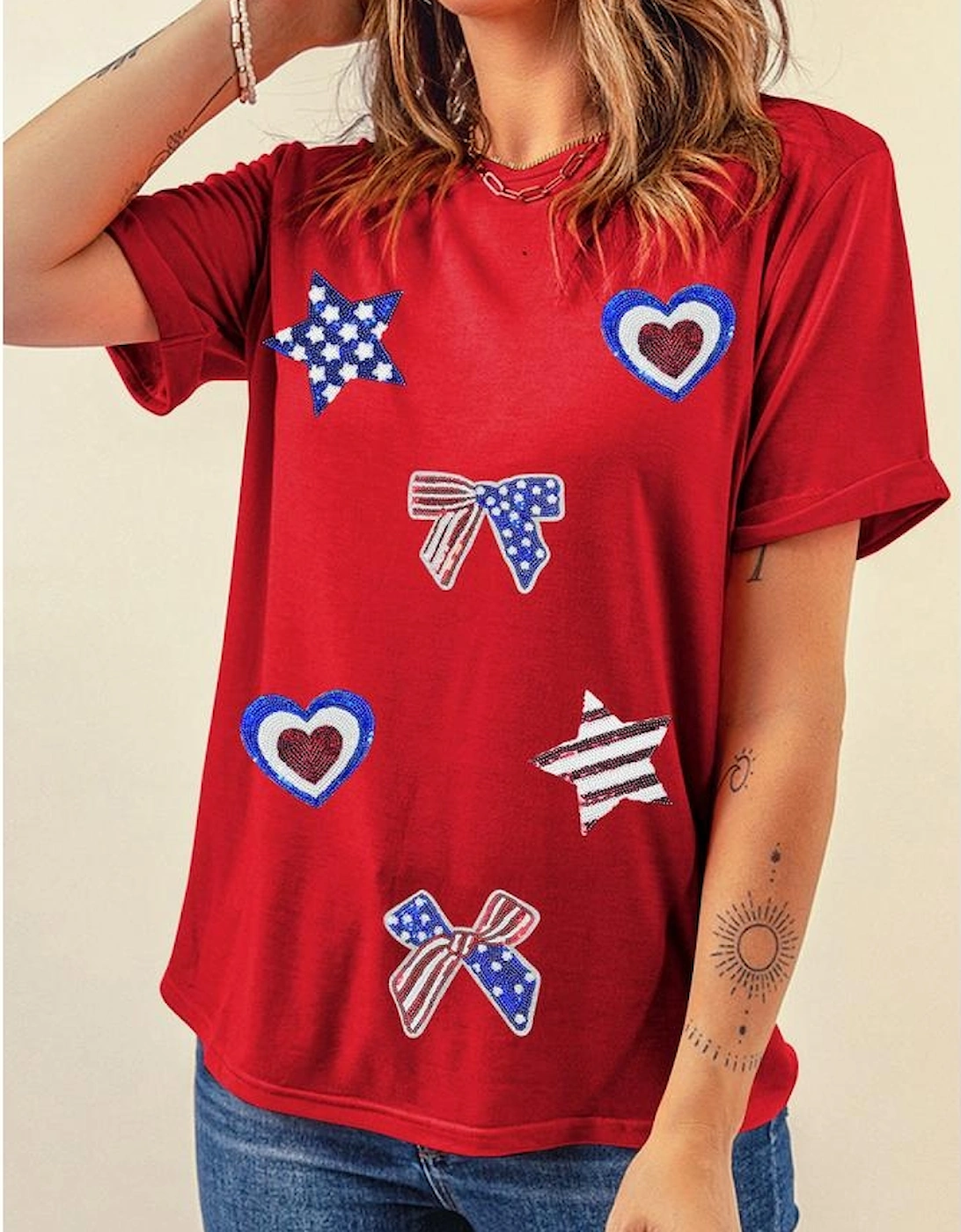 Red American Flag Inspired Sequined Pattern Crewneck Tee