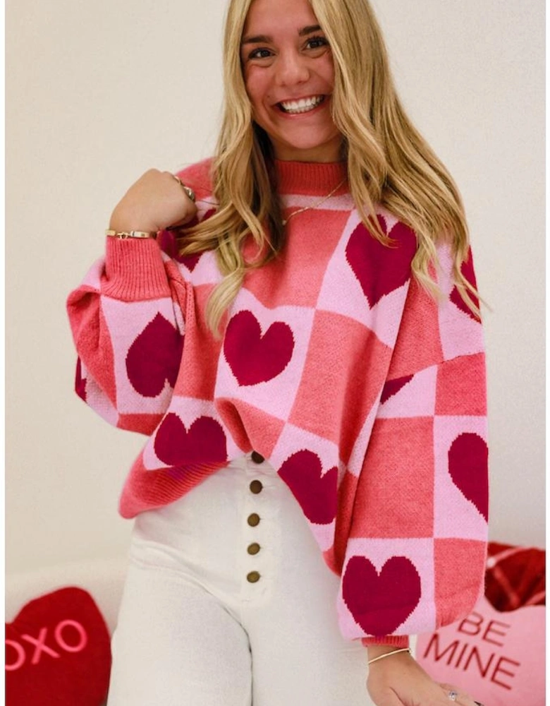 Pink Plus Size Love Heart Block Mock Neck Lantern Sleeve Valentine Sweater