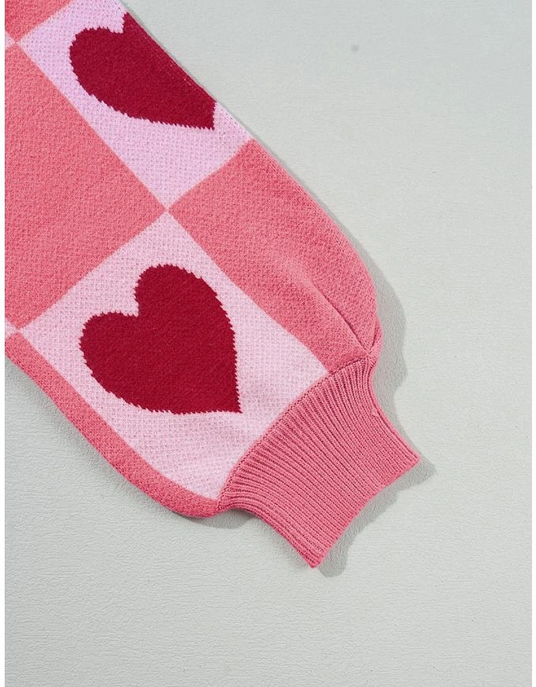Pink Plus Size Love Heart Block Mock Neck Lantern Sleeve Valentine Sweater