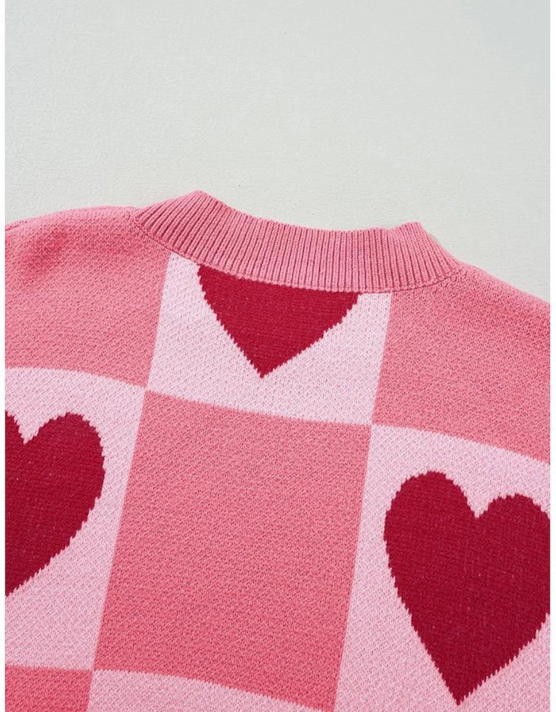 Pink Plus Size Love Heart Block Mock Neck Lantern Sleeve Valentine Sweater