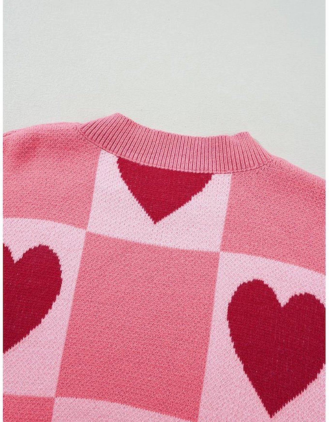 Pink Plus Size Love Heart Block Mock Neck Lantern Sleeve Valentine Sweater