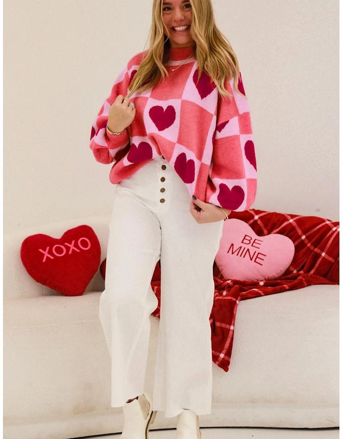 Pink Plus Size Love Heart Block Mock Neck Lantern Sleeve Valentine Sweater