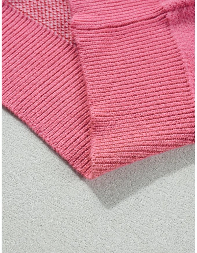 Pink Plus Size Love Heart Block Mock Neck Lantern Sleeve Valentine Sweater