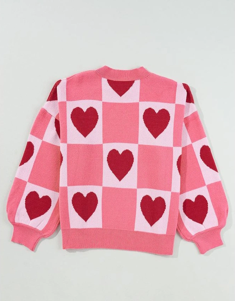 Pink Plus Size Love Heart Block Mock Neck Lantern Sleeve Valentine Sweater