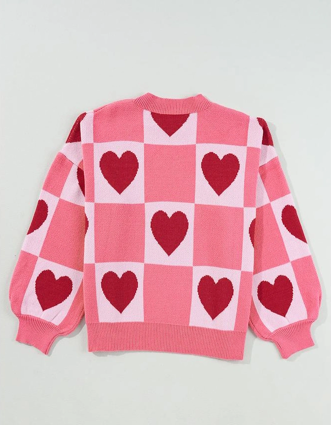 Pink Plus Size Love Heart Block Mock Neck Lantern Sleeve Valentine Sweater