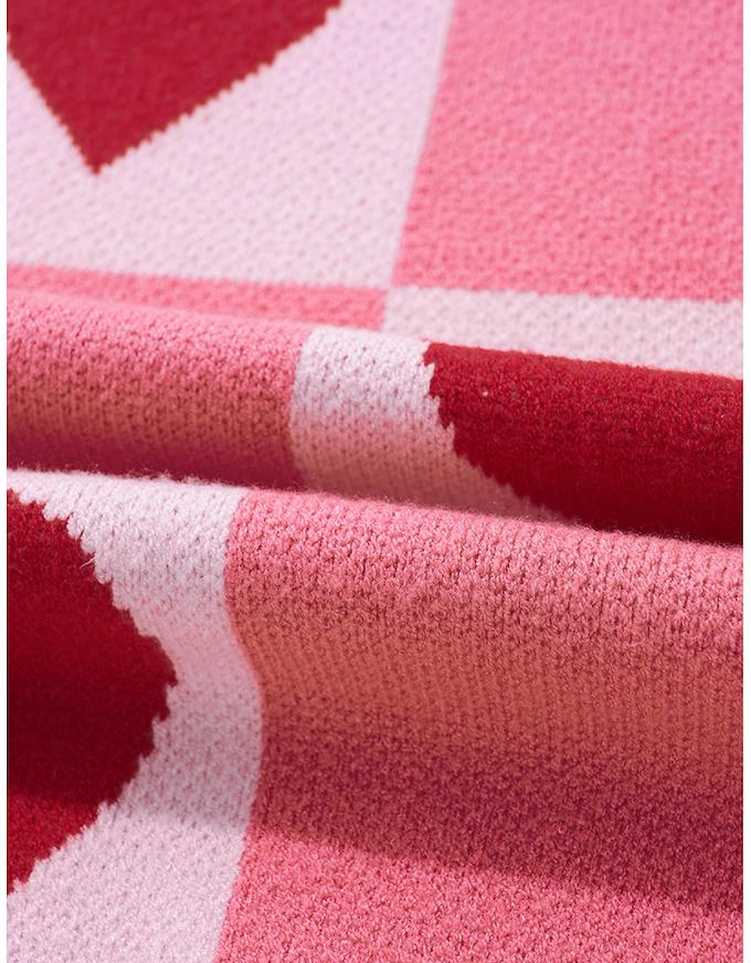 Pink Plus Size Love Heart Block Mock Neck Lantern Sleeve Valentine Sweater