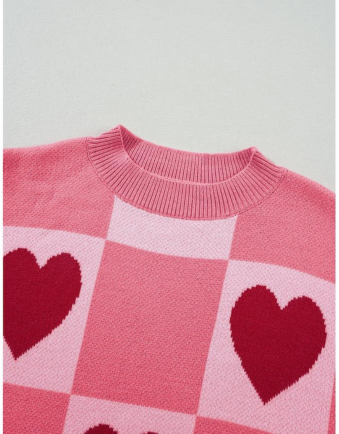 Pink Plus Size Love Heart Block Mock Neck Lantern Sleeve Valentine Sweater
