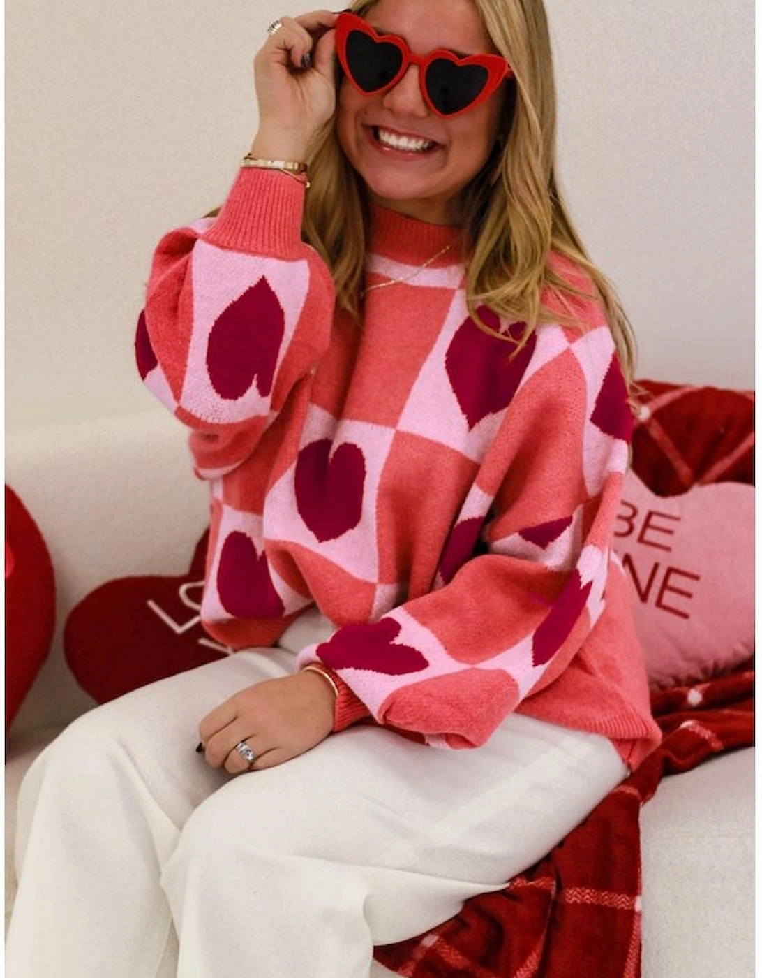 Pink Plus Size Love Heart Block Mock Neck Lantern Sleeve Valentine Sweater