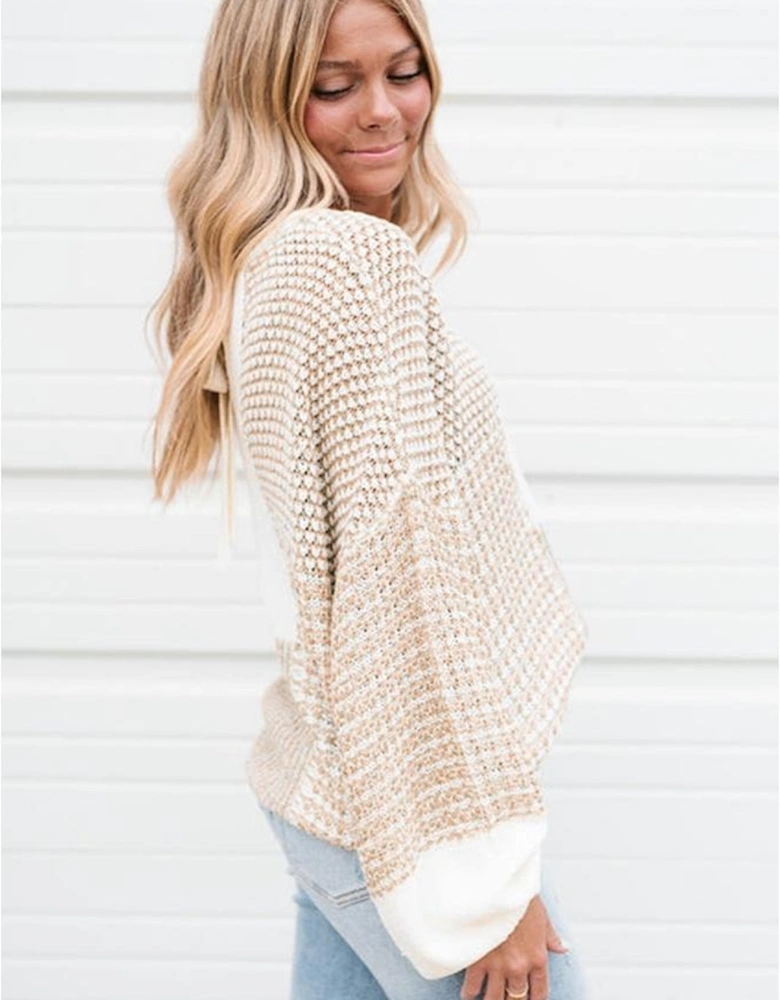 Oatmeal Mixed Pattern Knit Tie Keyhole Drop Shoulder Sweater