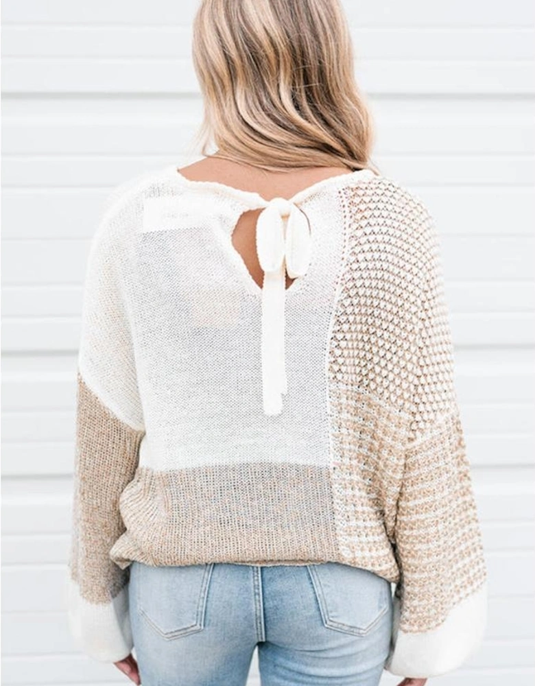 Oatmeal Mixed Pattern Knit Tie Keyhole Drop Shoulder Sweater