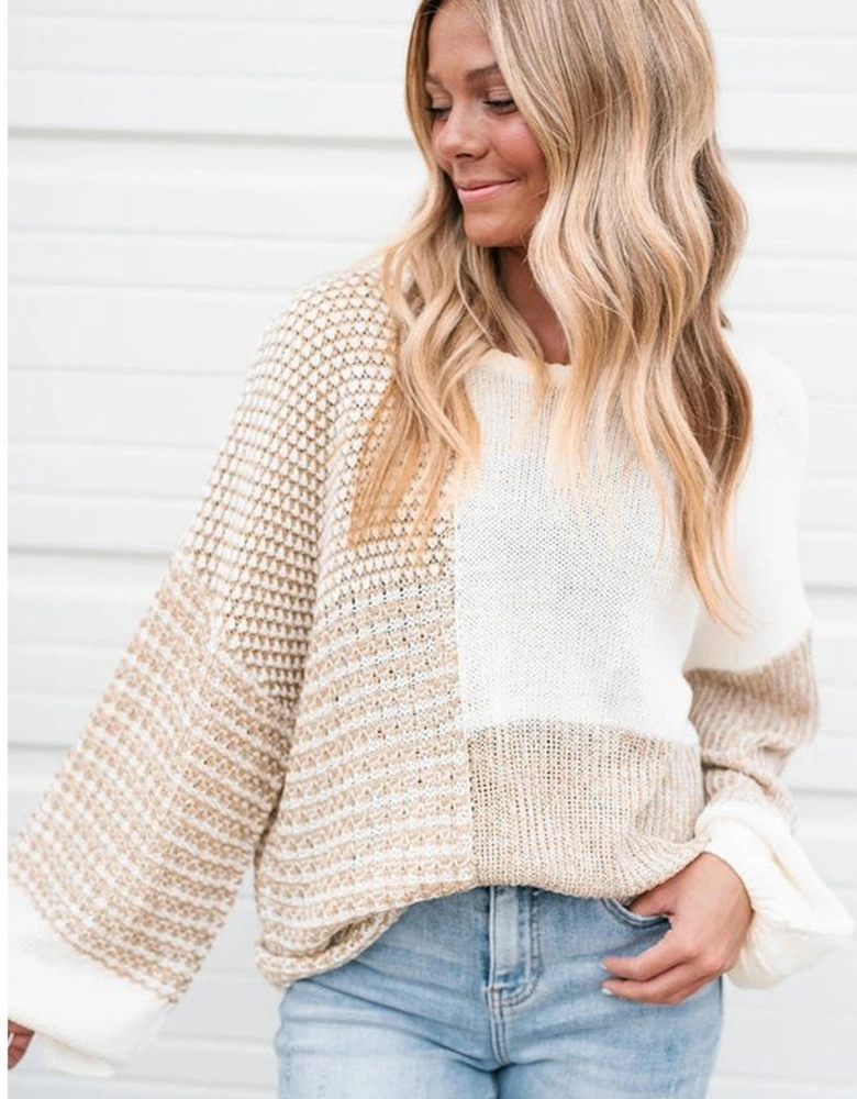 Oatmeal Mixed Pattern Knit Tie Keyhole Drop Shoulder Sweater