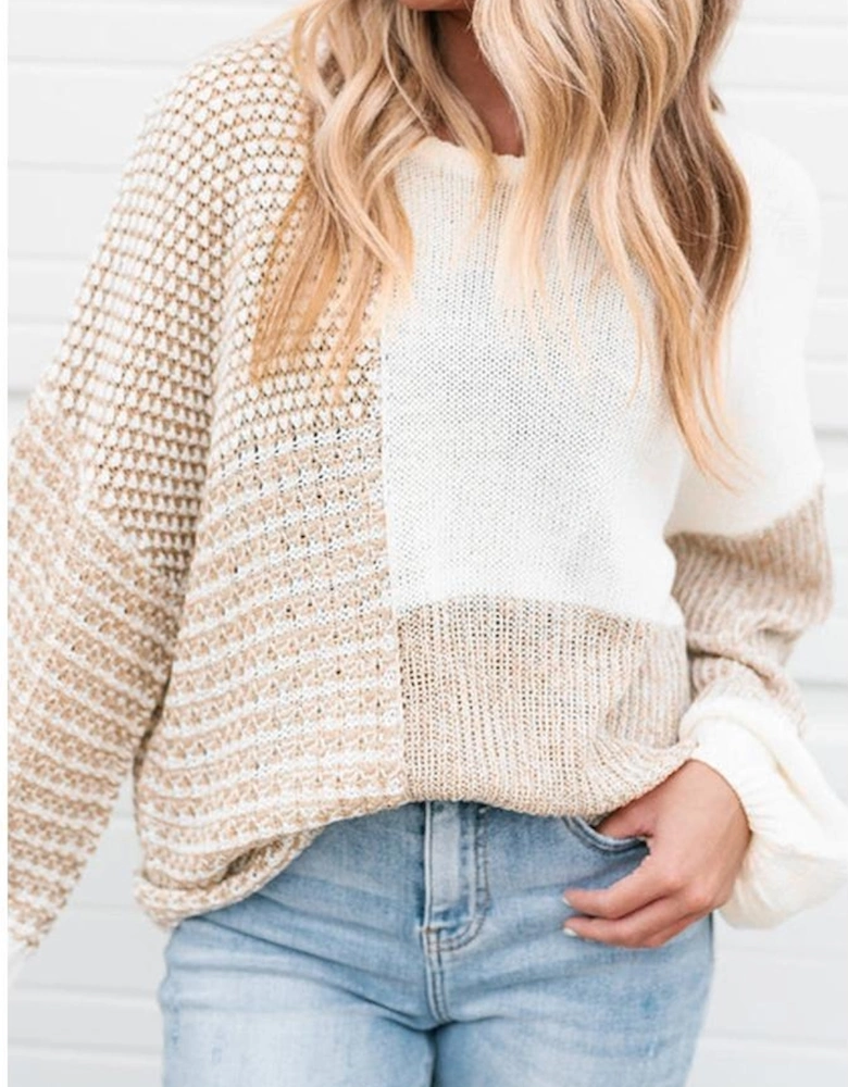 Oatmeal Mixed Pattern Knit Tie Keyhole Drop Shoulder Sweater