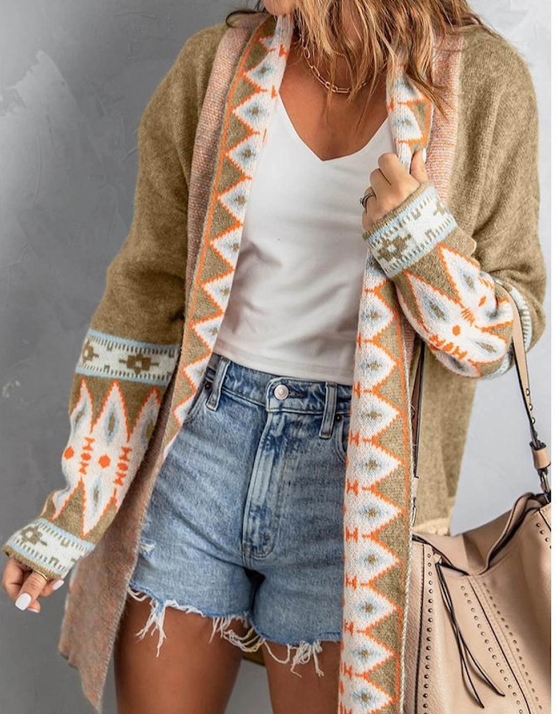 Azura Exchange Khaki Aztec Print Knitted Cardigan